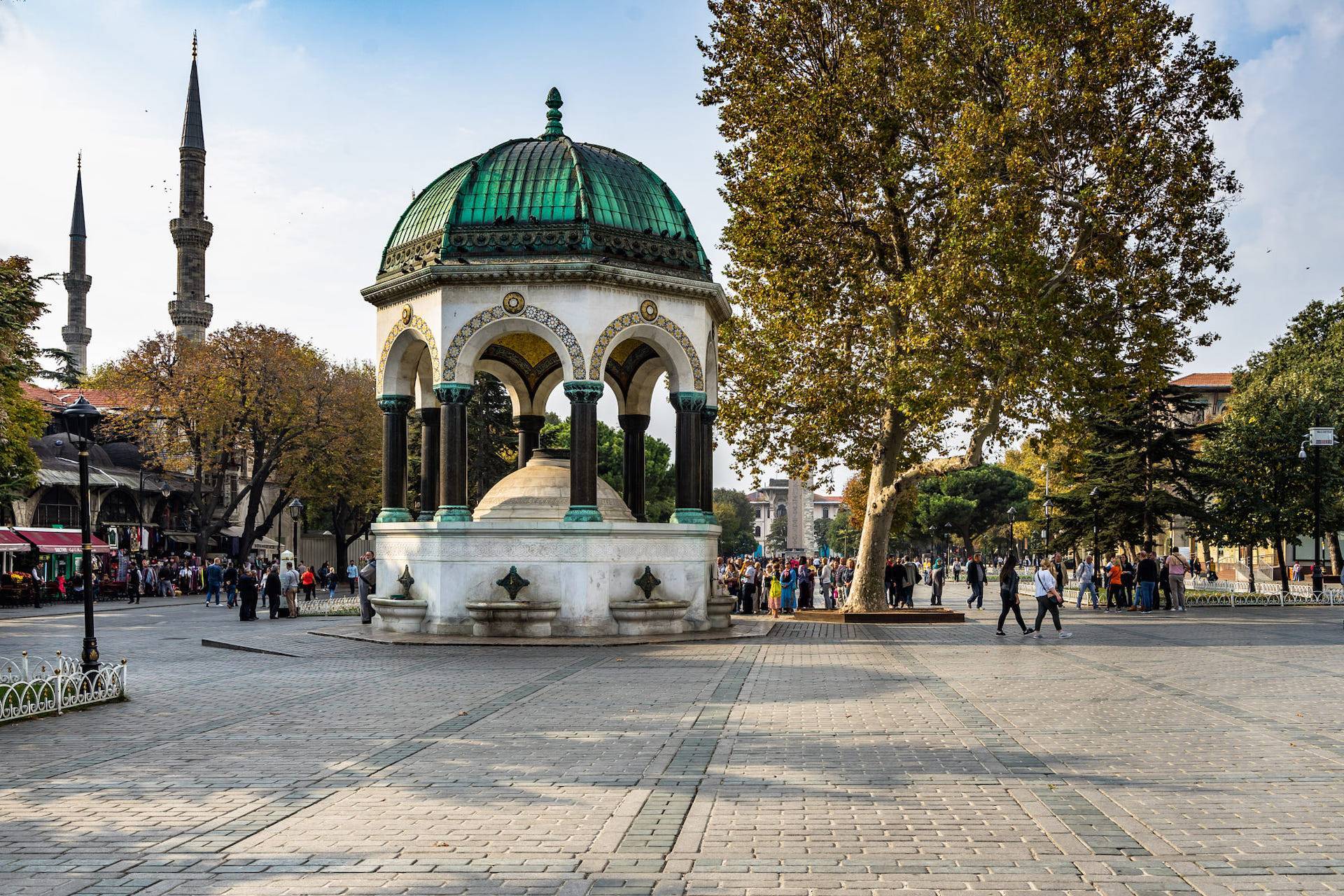 View of the German Fountain located in the northern end of the old Hippodrome (Sultanahmet Square). Istanbul, Turkey, October 2018